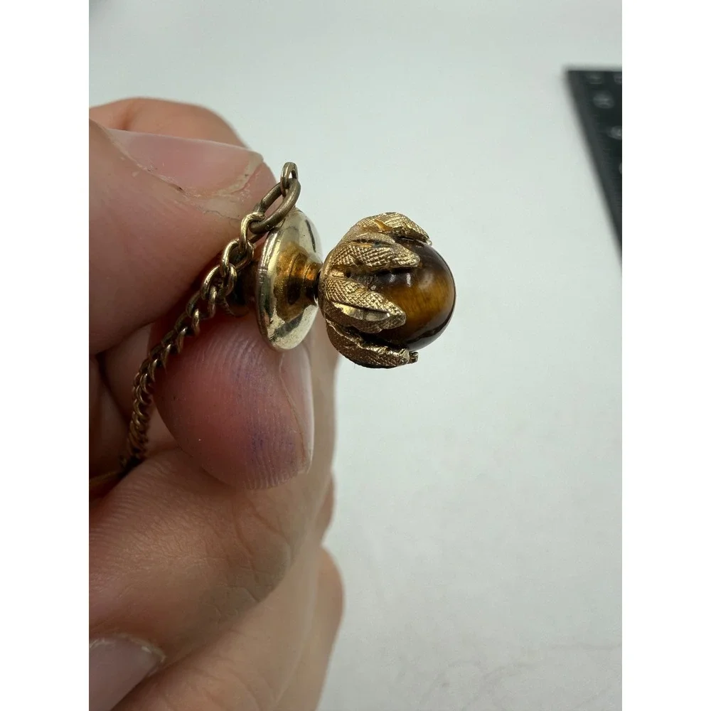 Vtg Gold Tone Tigers Eye Tie Tack Pin‎ with Security Chain and T-Bar Accessory